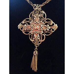 Art Nouveau Gold Cross Tassle 24" Necklace